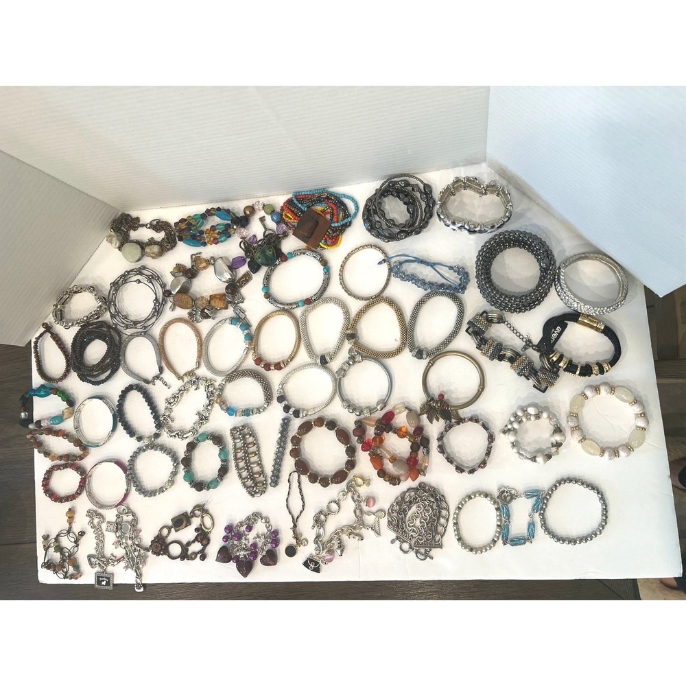 55 Bracelet Lot - Stretch -Beaded -‎ Silver/Gold Chains Assorted Most New Gifts